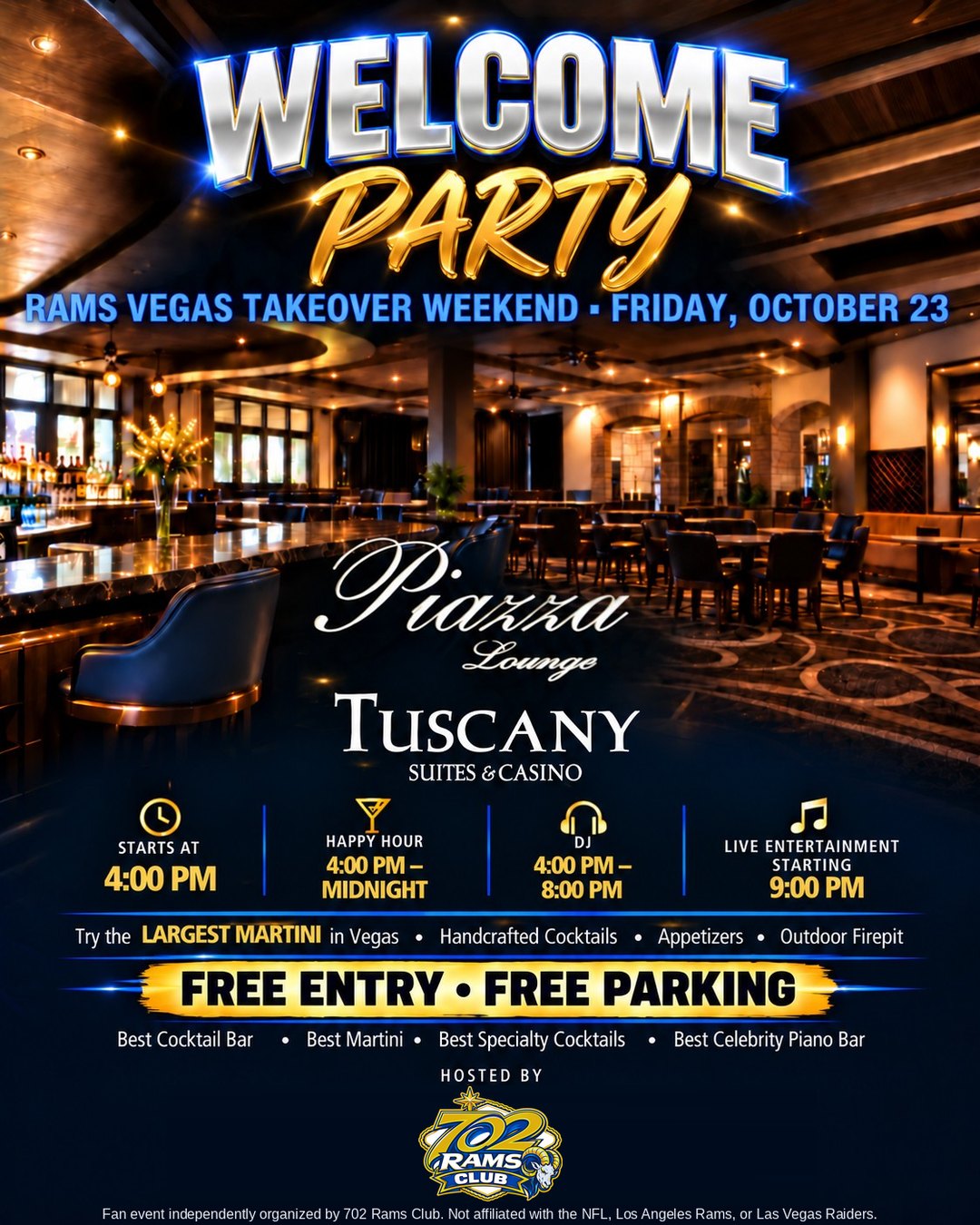 Welcome Party, Friday October 23, Piazza Lounge at Tuscany Suites & Casino