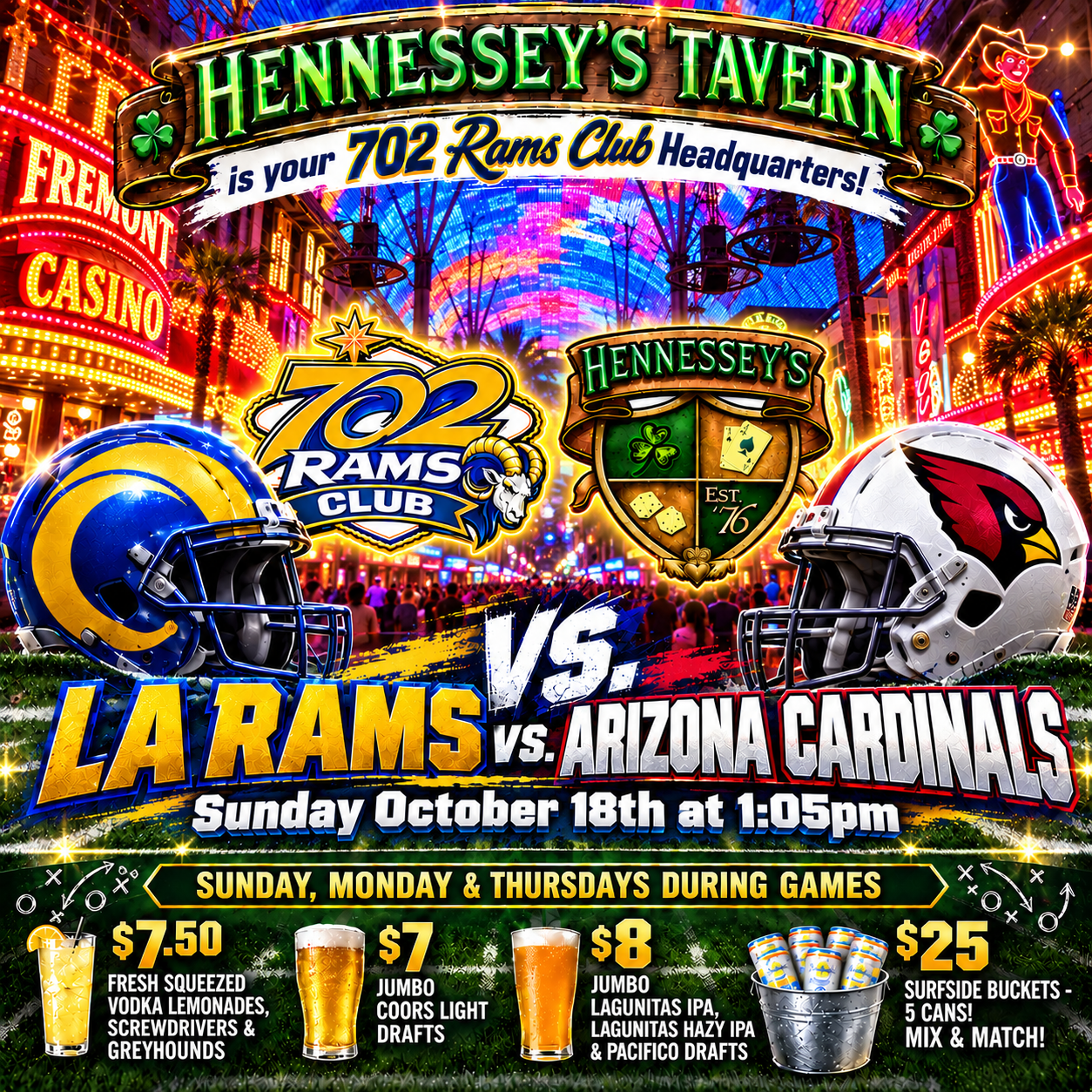 Watch Party at Hennessey's Tavern, Rams vs Cardinals, Sunday October 18, 1:05 PM